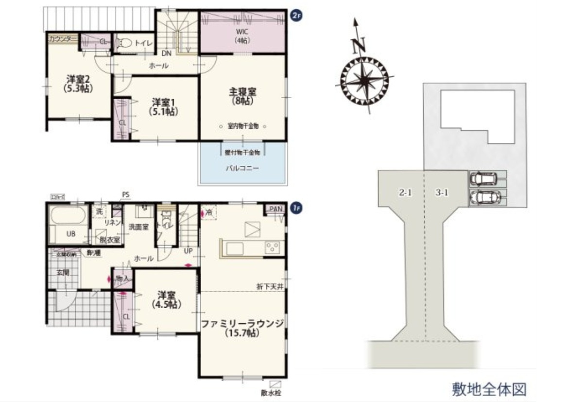 伊勢崎市日乃出町第2期　新築住宅全4棟の間取り|■土地62.05坪　建物32.06坪　パントリー　WIC　南面バルコニー■