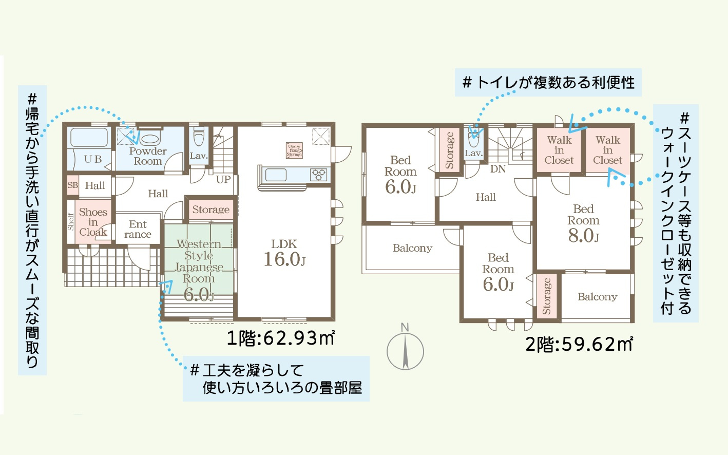高崎市京目町　新築住宅全2棟の間取り|■土地75.62坪　建物37.07坪　SIC　WIC　南面バルコニー■