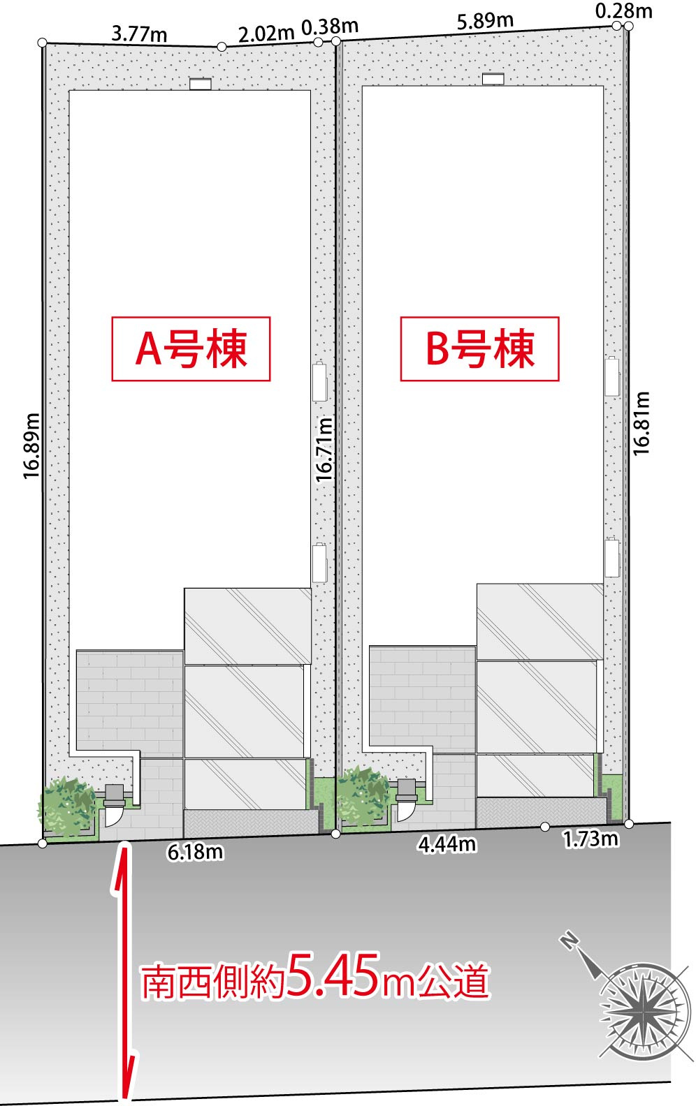 新築分譲［ミラクラス長崎Ⅱ］の区画図|南西側5.4m公道に接道／間口6.1m超／Ａ・Ｂ号棟共通プラン