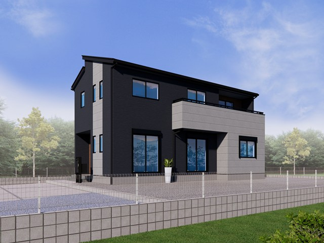 6号棟《完成イメージ》シックなグレーの外壁と木目調のアクセントが織りなす、洗練されたモダンな外観デザイン。周囲の視線を集める、スタイリッシュな佇まいの邸宅です。