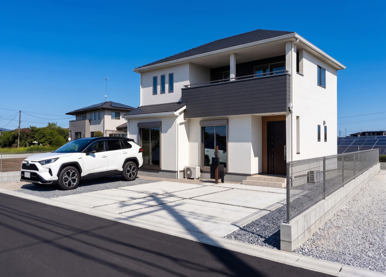 【2号棟：外観】重厚感のある外観。駐車スペースもゆったりあるので、安全・安心して駐車できます。インナーバルコニーも急な雨の時には重宝します。
