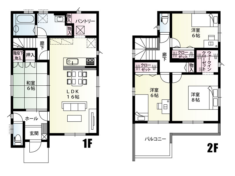 南羽生1丁目（全1区画）間取り :建物面積108.47㎡（32.81坪）16帖の広々LDKと隣接する和室で開放的な空間に！2階には大容量のウォークインクローゼットや全室収納を完備