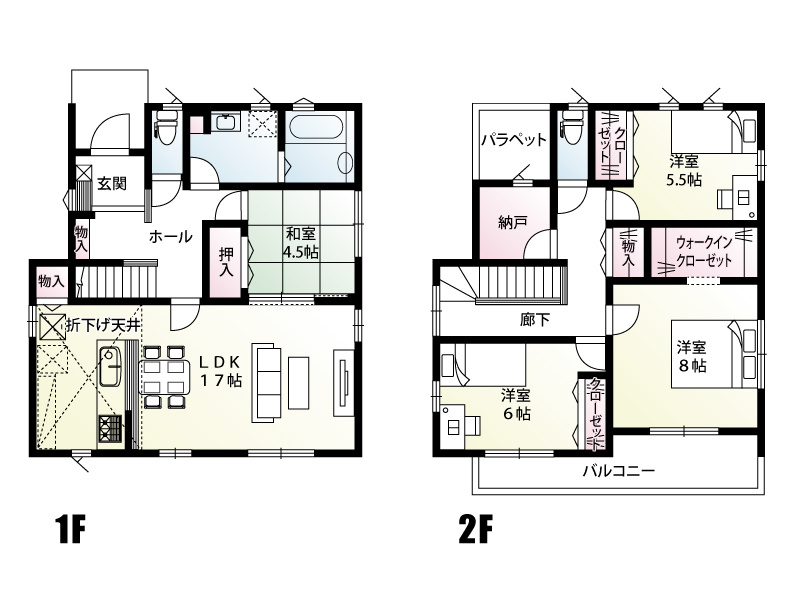 【間取り図】和室に加えて洋室が3部屋！家族みんなが自分の時間をゆったり楽しめる設計♪大容量のウォークインクローゼットや納戸など、各所に豊富な収納スペースを配置！
