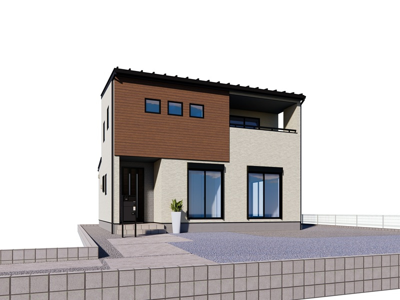 行田市桜町2丁目７区画　４号棟　完成イメージ　暖かみのあるブラウンとホワイトの上品でシンプルモダンな外観デザインとなって。