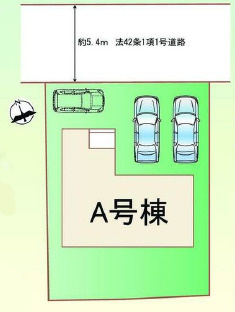宇都宮市八千代２丁目　新築住宅全１棟の区画図|前面道路幅員約５．４ｍで車の出し入れらくらく！３台駐車可能です♪※車種によります