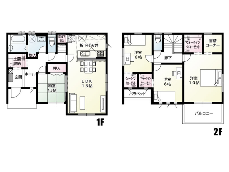 【間取り図】全居室に収納を設けた間取りです！洗面収納やウォークスルーの土間収納もあり、用途に応じた収納が可能です♪2階は全居室ウォークインクローゼット完備！