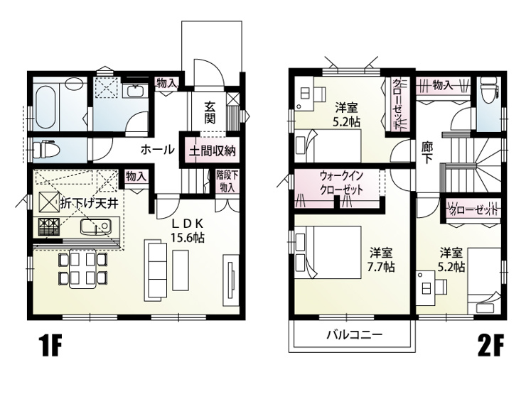 《2号棟　間取図》居室に収納完備！大きなウォークインクローゼットや玄関の土間収納など、片付けがスムーズになる工夫が満載の機能的なお家です。