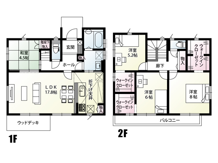 【3号棟：間取図】キッチンからお風呂場までの一直線の動線は、家事効率Ｕｐ♪またリビングからウッドデッキに出られて、更に広く感じるリビングでゆったりのんびり過ごせます。