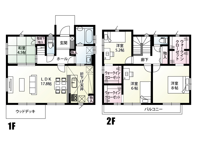 【3号棟：間取図】キッチンからお風呂場までの一直線の動線は、家事効率Ｕｐ♪またリビングからウッドデッキに出られて、更に広く感じるリビングでゆったりのんびり過ごせます。