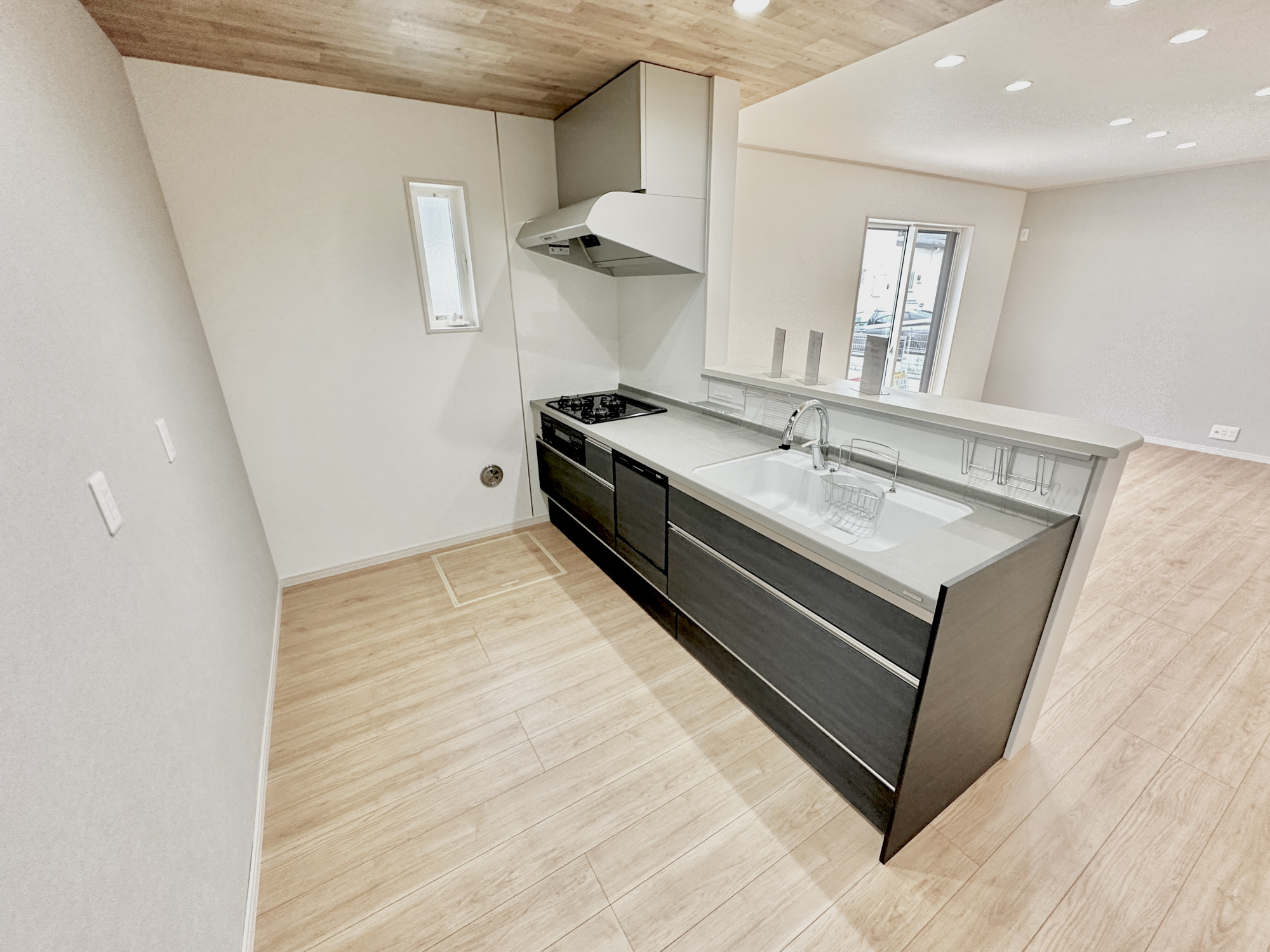 宇都宮市鶴田町１期　新築住宅全２棟のキッチン|ダイニングからワークスペースを見渡せる、見せるキッチン。ダイニングとの空間のつながりが、スペースのゆとりを生み出します♪