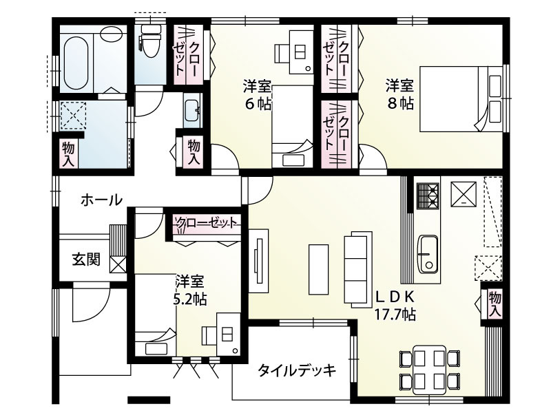 【5号棟：間取り図】開放感あふれる17.7帖のLDKと、リビングから繋がるタイルデッキが魅力。家族が集い、明るい光を感じながら心地よく過ごせる使い勝手の良い平屋住宅です。