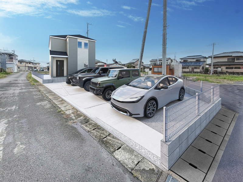 外観(完成イメージ)　並列駐車4台可能+お庭付き！ご家族の増車や来客時も駐車スペースに困りません！※この画像は実際の現地の写真にCG合成したものです。