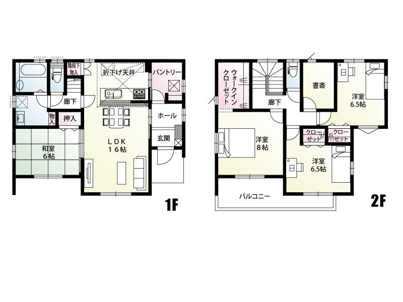 【3号棟：間取図】リビング１６帖に和室６帖が並んだ間取りは、明るく風通しのよい空間。ゆったり寛げます。また２階には独立した書斎を設けました。