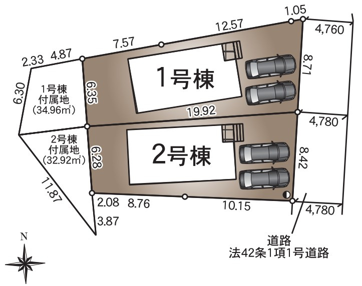 クレイドルガーデン　富士宮市貴船町第1　全2棟の区画図|駐車が２台可能♪