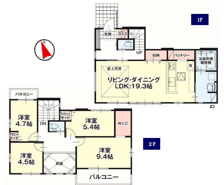 宇都宮市双葉５期　新築住宅全２棟の間取り|◇土地46.33坪　建物32.44坪　LDＫ吹抜け　折上天井　パントリー　WIC　SIC　ダブルバルコニー◇