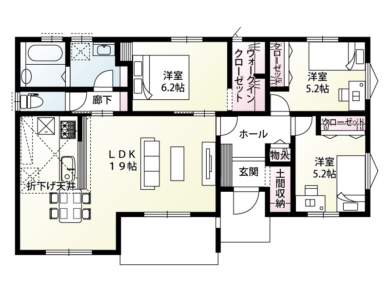 【5号棟:間取図】19帖の開放的なLDKを中心に、土間収納や全居室収納を備えた収納豊富な間取り。主寝室には便利なカウンターを設け、ワークスペースや読書コーナーなど多彩に活用できます。