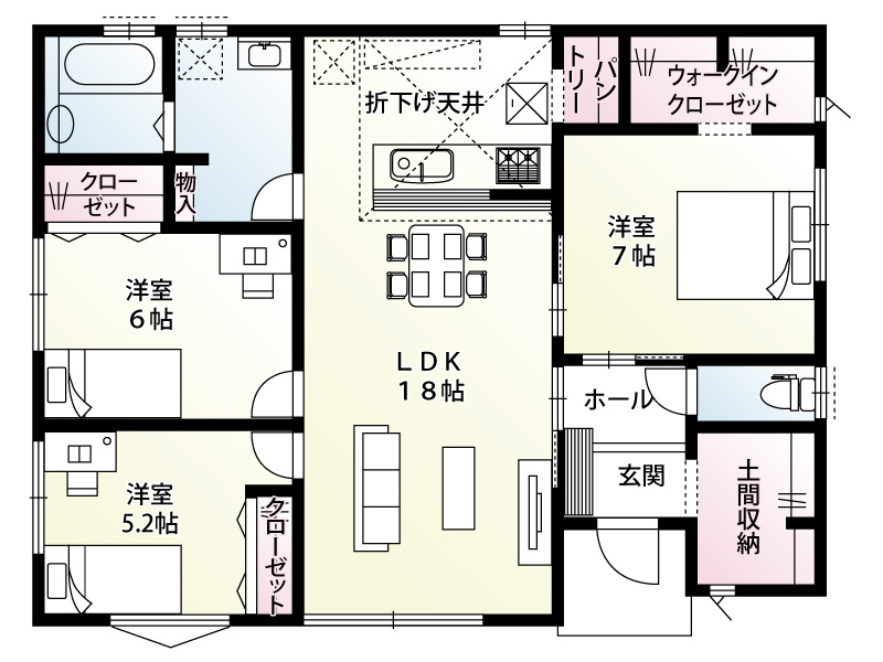【千代田町舞木全3区画　2号棟　間取図】
人気の平屋のLDKは18帖で南側の掃き出し窓から明るい陽が入ります。オールフローリングのお家ですので段差が無くお掃除も大変しやすくなっています♪