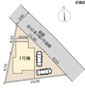 河内郡上三川町大字上三川の新築一戸建の区画図|前面道路の幅５ｍで、車の運転に自信がない方でも出し入れしやすい♪