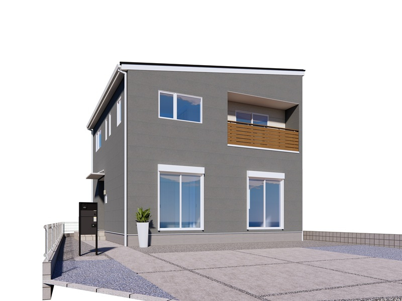 行田市佐間１丁目３区画　１号棟　完成イメージ　スタイリッシュなスモーキーグレーをベースに、サッシのホワイトと温かみのあるオークブラウンの木目調をアクセントにした上品な外観デザインとなっております。