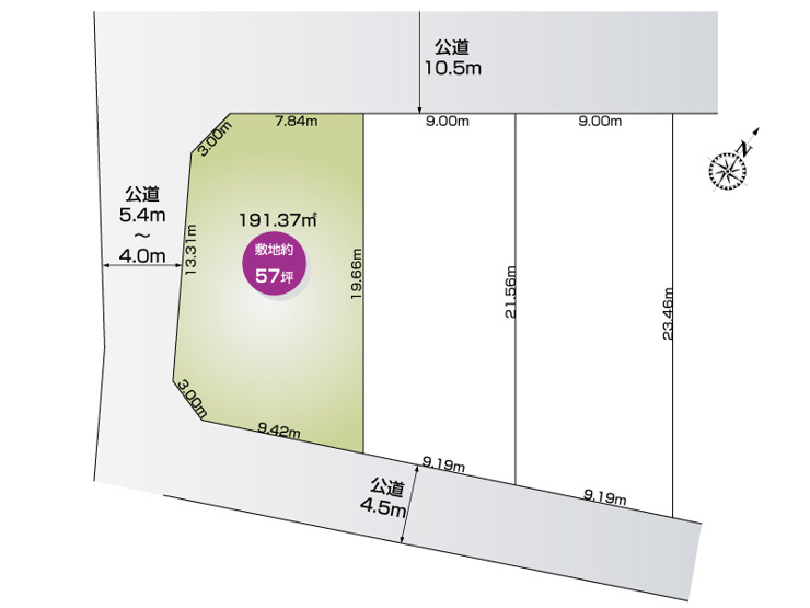 行田市佐間１丁目３区画　１号棟　区画図　土地57坪　南道路接道　角地