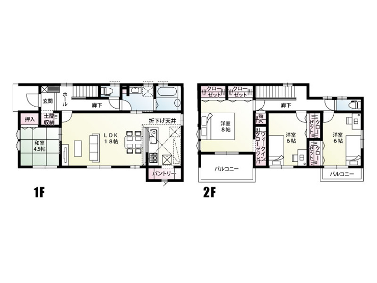 【5号棟:間取図】LDKを中心に、和室やパントリー、土間収納など暮らしに嬉しいスペースを充実。回遊動線で家事も生活もスムーズ。二面バルコニーも魅力のファミリー向け住まいです。