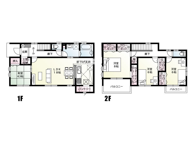 【5号棟:間取図】LDKを中心に、和室やパントリー、土間収納など暮らしに嬉しいスペースを充実。回遊動線で家事も生活もスムーズ。二面バルコニーも魅力のファミリー向け住まいです。