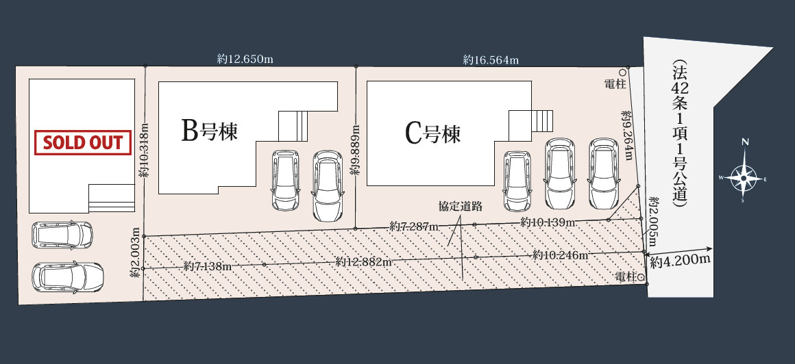 ハートフルタウン　沼津市岡宮1316番　全2棟　の区画図|B号棟2台、C号棟3台駐車可能スペースあります♪