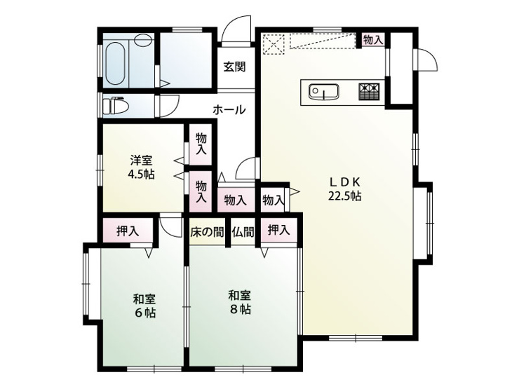 三田ケ谷　中古戸建：伝統的な和の落ち着き（床の間・仏間・和室）と、現代的な広いLDKの快適さがうまく組み合わされた、ゆとりある住まいという印象です。