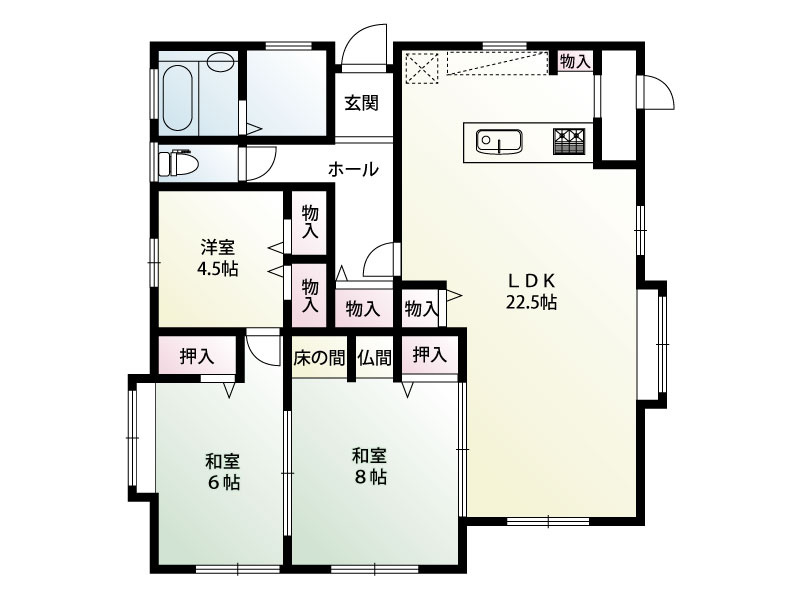 三田ケ谷　中古戸建：伝統的な和の落ち着き（床の間・仏間・和室）と、現代的な広いLDKの快適さがうまく組み合わされた、ゆとりある住まいという印象です。