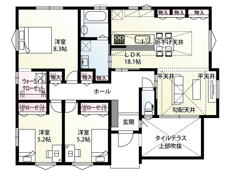 18.1帖のゆとりあるLDKに、タイルテラスを備えた3LDK。家族が自然と集まる、くつろぎの住空間です。