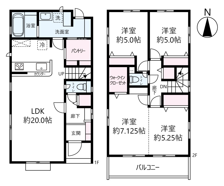 野田市清水中古戸建の間取り|ＬＤＫ２０帖、洋室５帖・５帖・７．１２５帖・５．２５帖、車種によって並列２台駐車可能な３ＬＤＫ！
