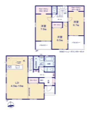 前橋市下新田町1期　新築住宅全3棟の間取り|■1号棟　土地75.13坪　建物31.97坪　床下収納　WIC　2面バルコニー■