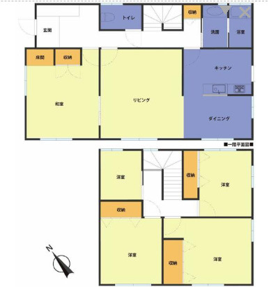 野田市木野崎戸建の間取り|LDK２７．０帖、和室１２．０帖、洋室１０．０帖、８.０帖、８.０帖、３.０帖、南西向きバルコニー