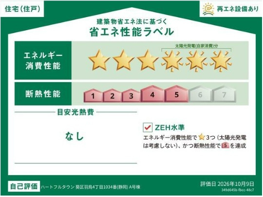 ハートフルタウン　葵区羽鳥4丁目1034番　全1棟　の区画図|冷暖房等の年間の消費エネルギーを高断熱＋省エネによって20％以上削減できていることが証明されたラベルです！
エネルギー消費性能最高レベル♪