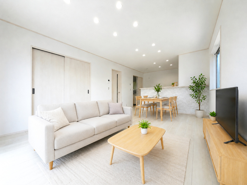 藤井上組（全6区画）5号棟 リビング：広々LDK！対面キッチンでお料理中もお子様が見えて安心です♪※この画像は実際の室内写真にインテリアをCGで合成したものです。実際の物件に家具は配置されておりません