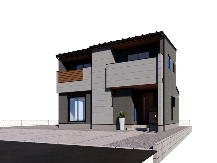行田市大字前谷３区画　２号棟　完成イメージ　グレーのカラーを中心に落ち着いたトーンの外観デザインとなっております。