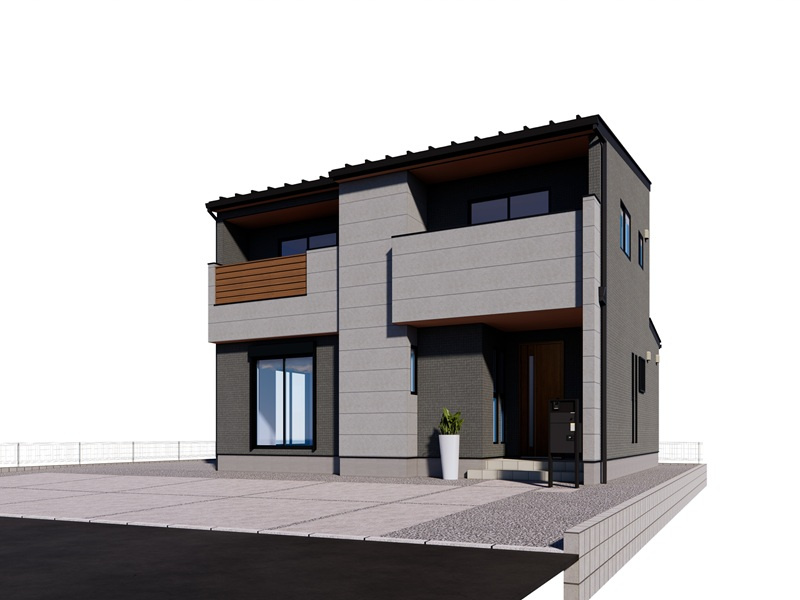 行田市大字前谷３区画　２号棟　完成イメージ　グレーのカラーを中心に落ち着いたトーンの外観デザインとなっております。