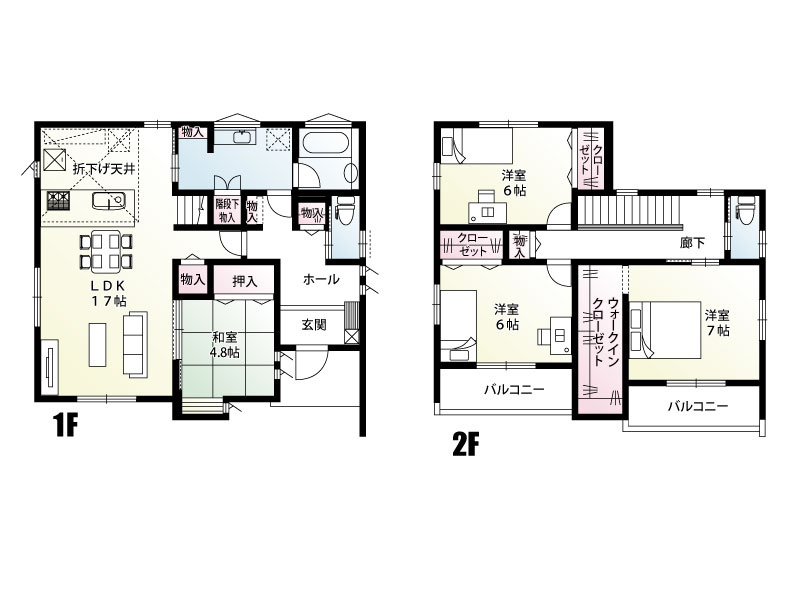 行田市大字前谷３区画　２号棟　間取り　家事動線を意識したプラン。17帖の広いリビングや、家族の顔が見えるリビングイン階段を採用した間取りとなっております。