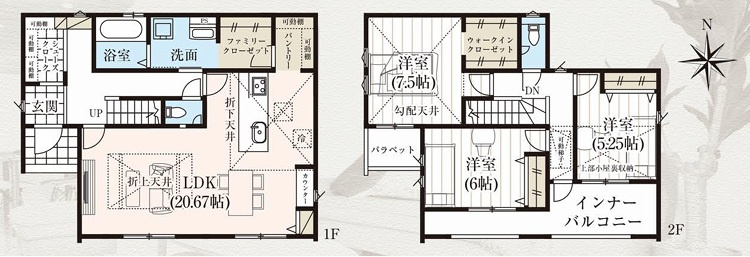 玉村町上飯島2期　新築住宅全1棟の間取り|■建物36.06坪　パントリー　WIC　インナーバルコニー■
