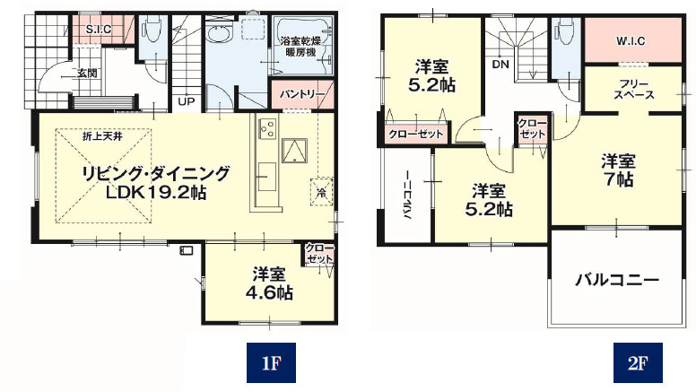 宇都宮市石井町６期　新築住宅全３棟の間取り|◇土地48.24坪　建物34.43坪　折上天井　WIC　フリースペース　SIC　パントリー　ダブルバルコニー◇