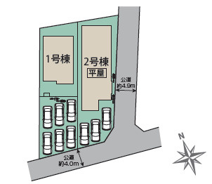 栃木市大平町富田２期　新築住宅全２棟の区画図|前面道路は幅６ｍで車の出し入れがしやすい！並列２～３台駐車可能で、運転に自信がない方でも停めやすいです♪