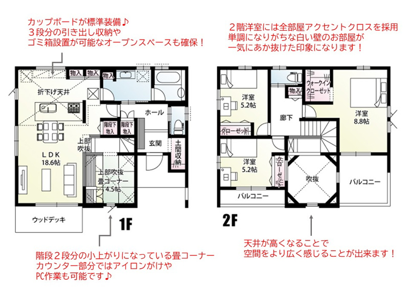【５号棟　間取図】中心が吹き抜けとなっている特徴的な間取り。たっぷり収納スペースを確保しているため、日用品のストックやお片付けもラクラク♪