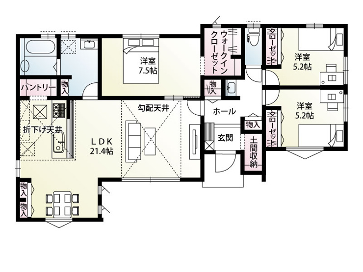 【館林市足次町全1区画　間取図】
LDKは広々21.4帖あり、ダイニング部分とリビング部分が分かれていますので生活にメリハリが出来ます。玄関ホールにも洗面化粧台をプランニングした間取です。