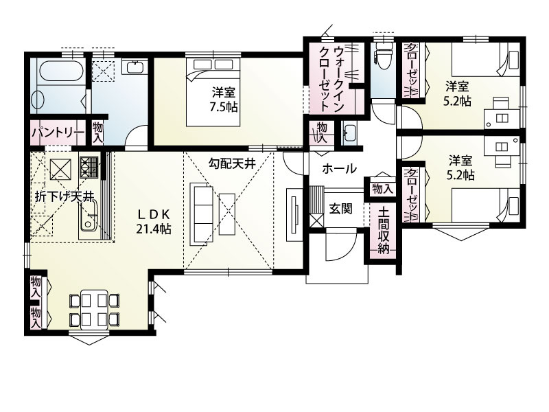 【館林市足次町全1区画　間取図】
LDKは広々21.4帖あり、ダイニング部分とリビング部分が分かれていますので生活にメリハリが出来ます。玄関ホールにも洗面化粧台をプランニングした間取です。