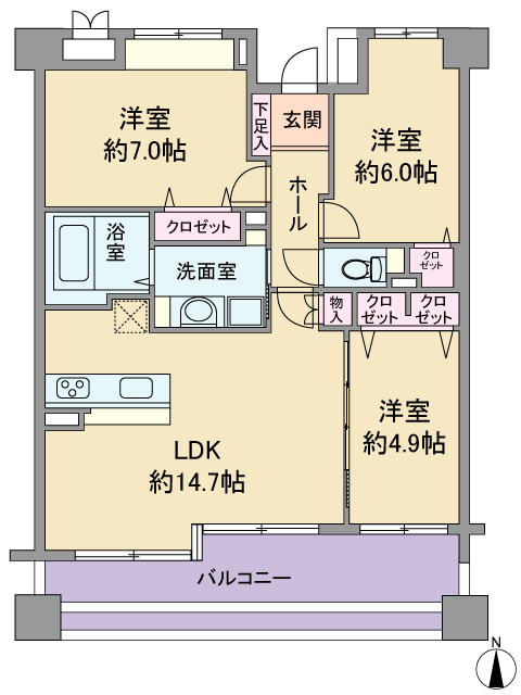 ＼南向き／パークハウス高森ガーデンの間取り|◆当日・平日のご案内大歓迎◆ 3LDK、価格2890万円、専有面積72.19m2、バルコニー面積14.70m2　人気エリアにつき、お早めにお問い合わせください♪