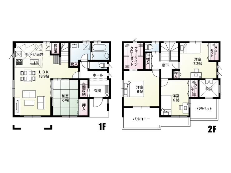 1号棟　建物面積119.56㎡（36.16坪）LDKは広々18.9帖。食品庫や土間収納など豊富な収納を完備！2階にはWIC付きの洋室や吹抜けを配置し、開放感と機能性を兼ね備えた快適な間取りです。