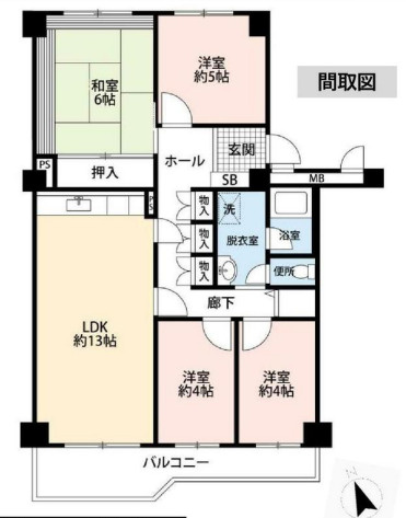 北柏ライフタウン3号棟1階の間取り|LDK１３．０帖、和室６．０帖、洋室５．０帖、洋室４．０帖×2室　