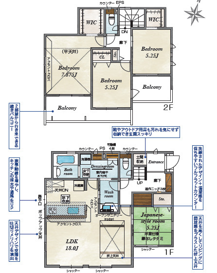 宇都宮市岩曽町1428　新築住宅全１棟の間取り|◇土地50.05坪　建物33.93坪　折り上げ天井　土間収納　ランドリールーム　WIC２つ　ダブルバルコニー　全居室南向き◇