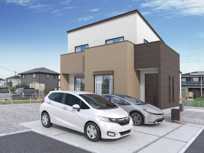 【2号棟：外観】白とブラウンのコントラストが印象的な外観。
