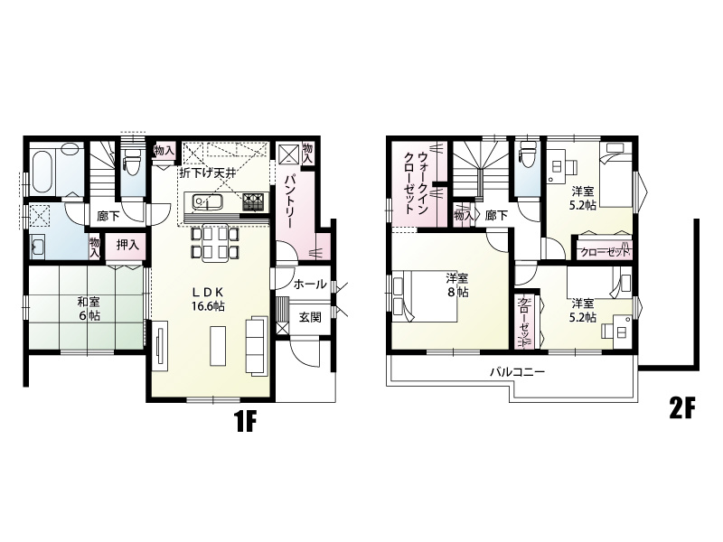 【2号棟：間取図】約3.2帖のパントリーがある４LDK。週末の買い出し後、ホールからパントリーに直行できるのも嬉しいですね。